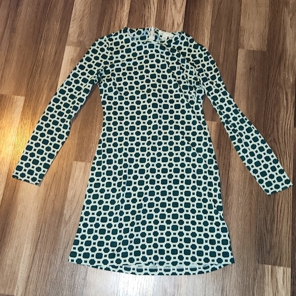 Banana Republic Size 2 Green Ivory Geometric Long Sleeve Mini Dress